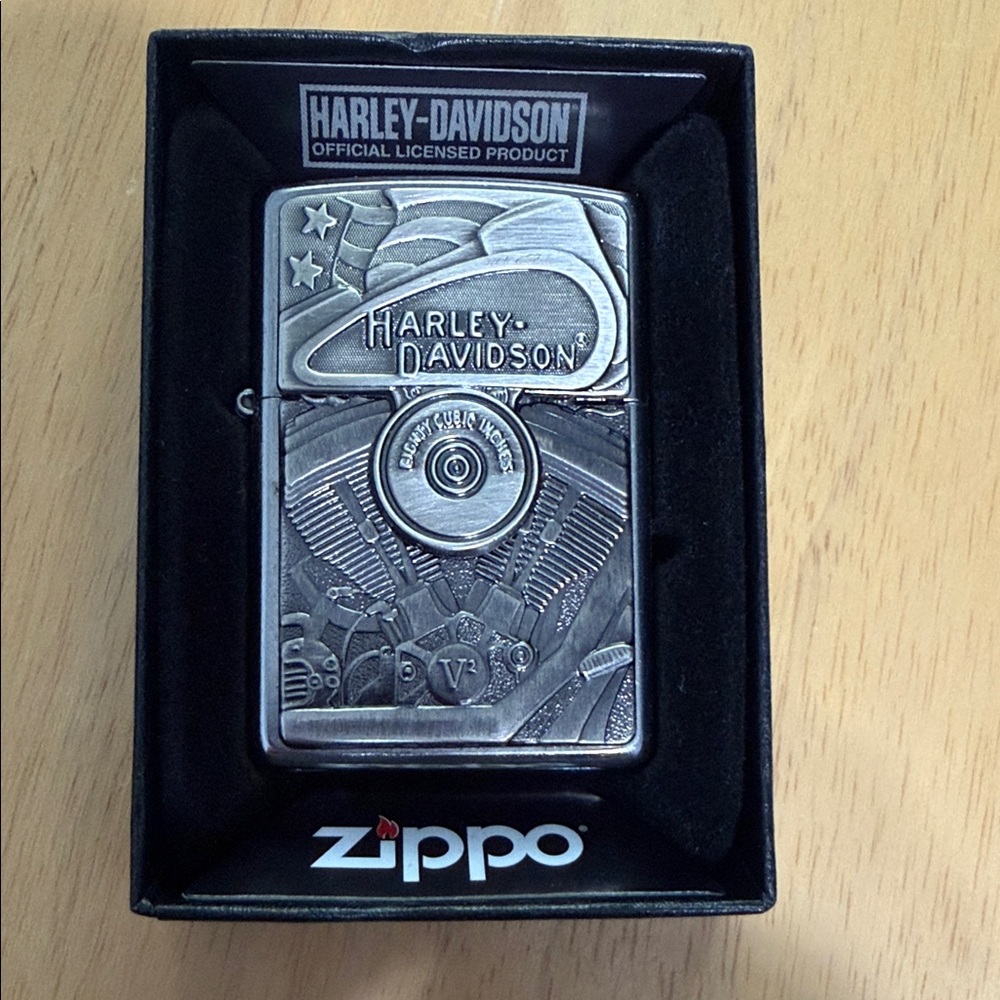 Harley-Davidson Steel Chrome Engraved Zippo Lighter with Motor Flag Emblem